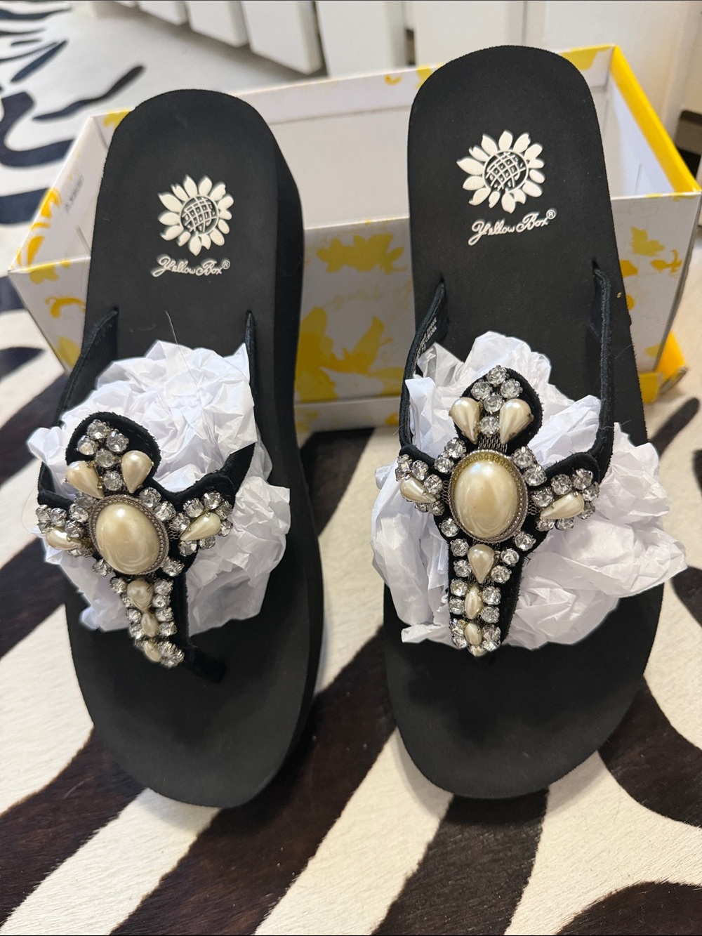 Yellow Box Black Jeweled Pearl-Accent Wedge Sandals